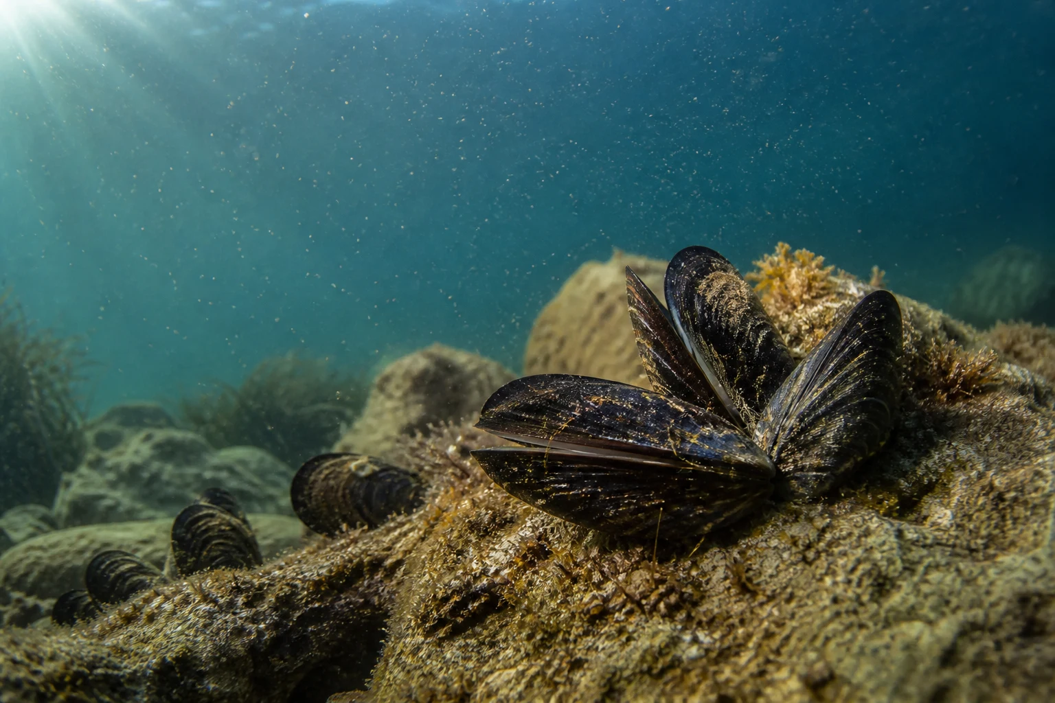 Mejillones vivos abiertos sobre la roca mientras partículas atraviesan el agua